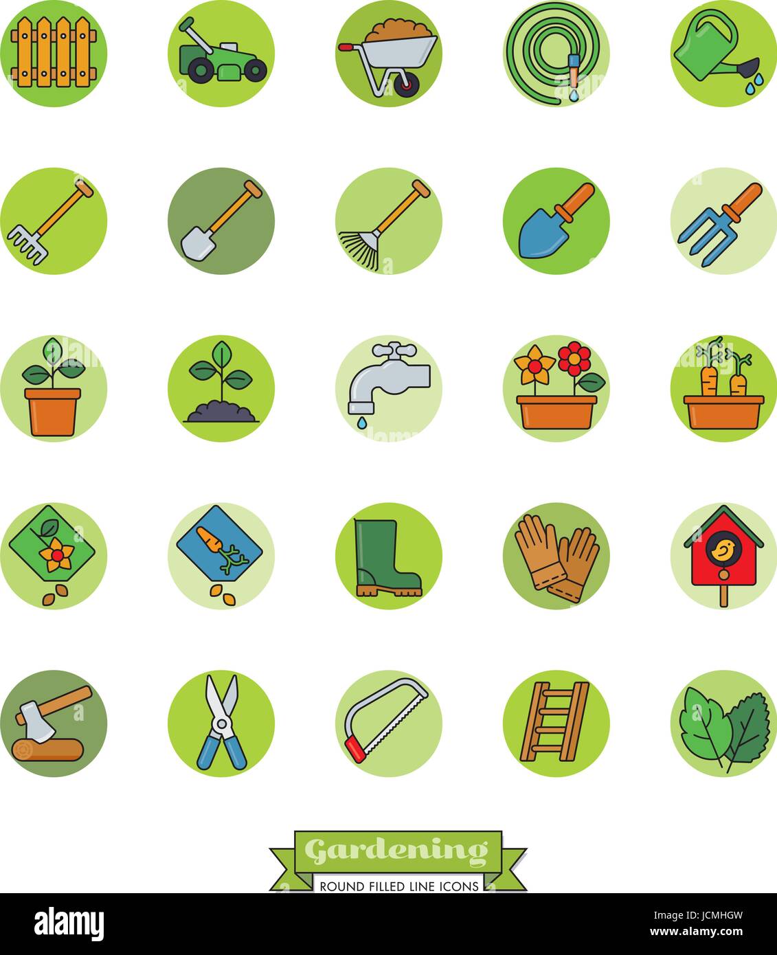 Collection of gardening vector icons, filled outline style in green ...