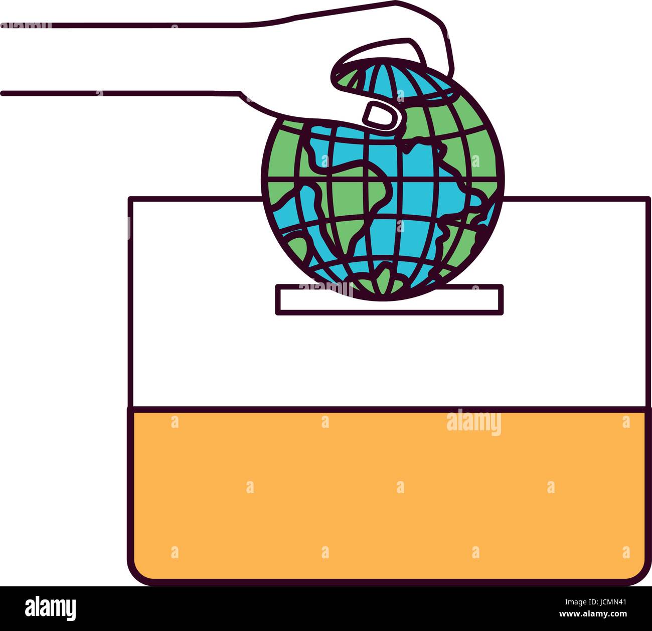silhouette color sections front view hand with flat globe earth world ...