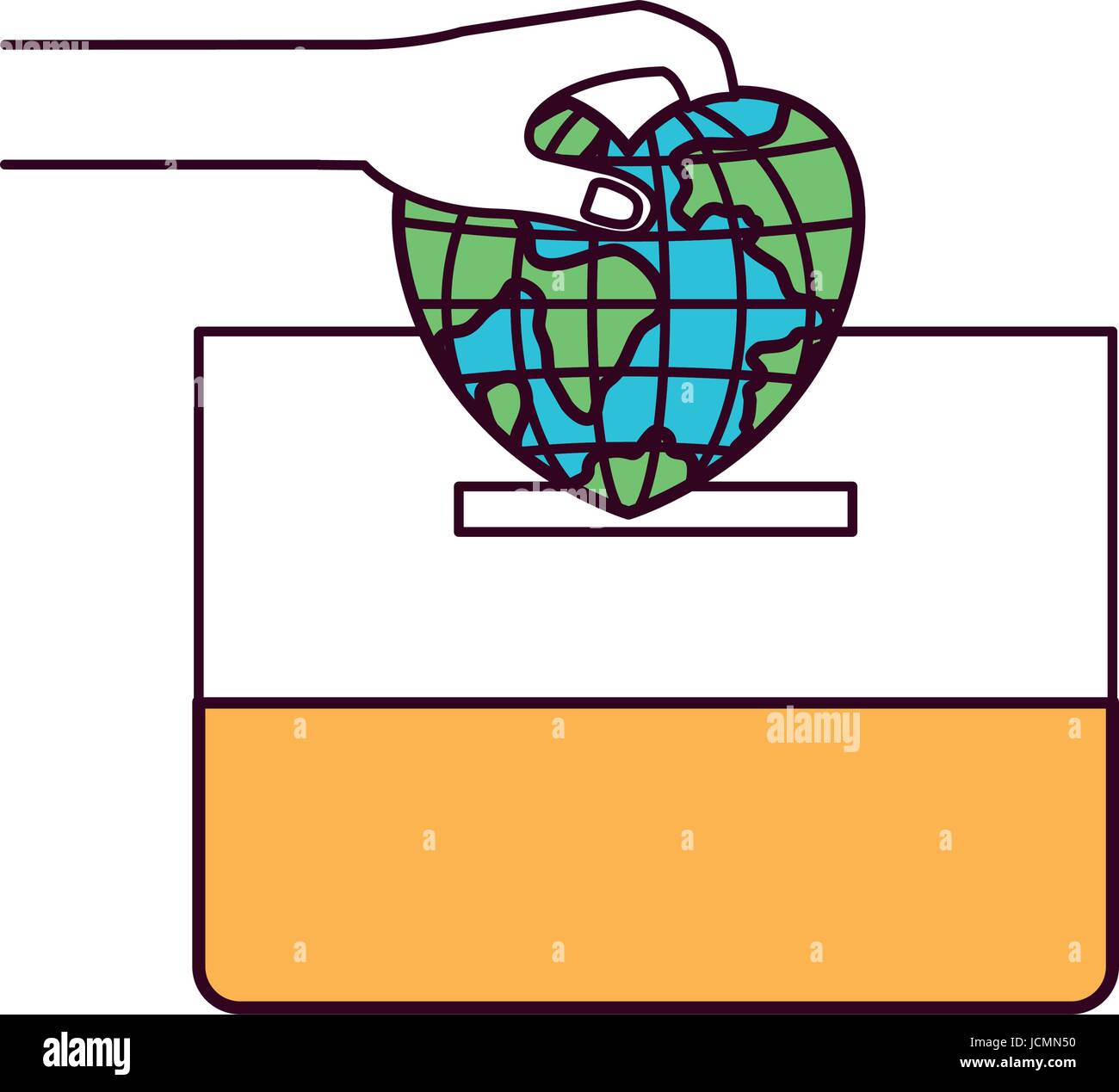 silhouette color sections front view hand with flat globe earth world ...