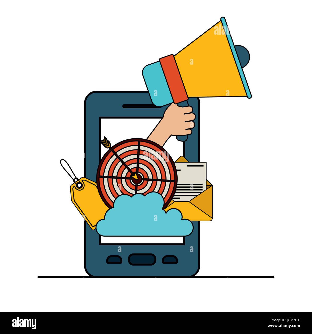 white background with colorful smartphone with set megaphone and strategy elements Stock Vector