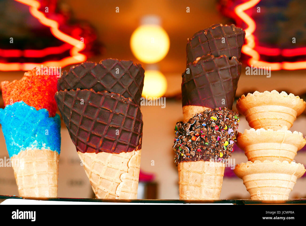 Rack of ice cream cones in ice cream parlour on Blackpool Promenade