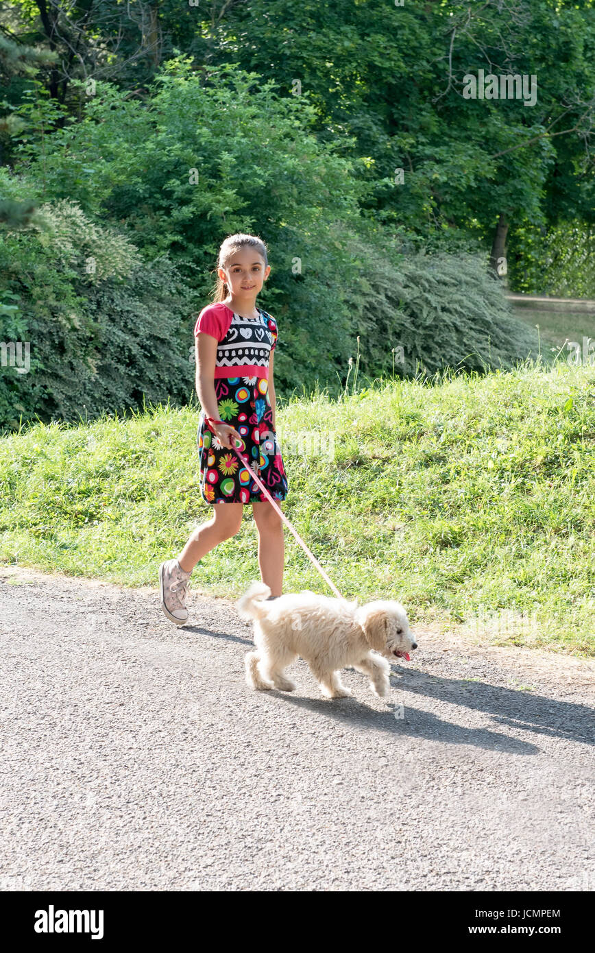 Pretty little girl taking her pet poodle dog for a walk along an