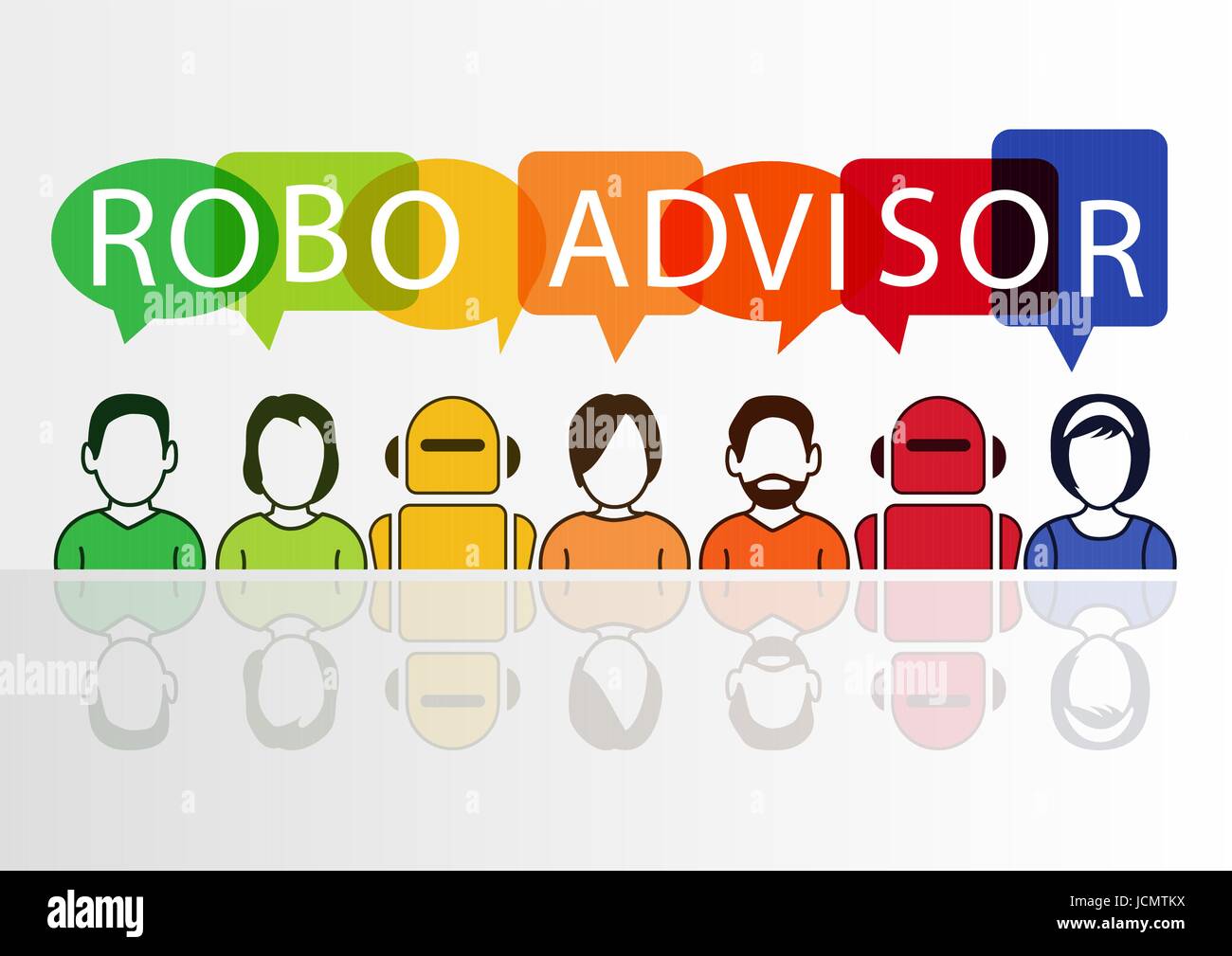 Robo-advisor concept as vector illustration with colorful icons of robots and persons Stock Vector