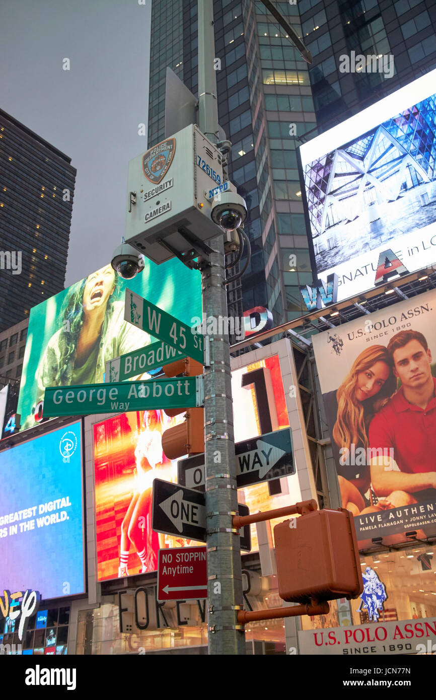 nypd police security surveillance cameras evening in Times Square New York City USA Stock Photo