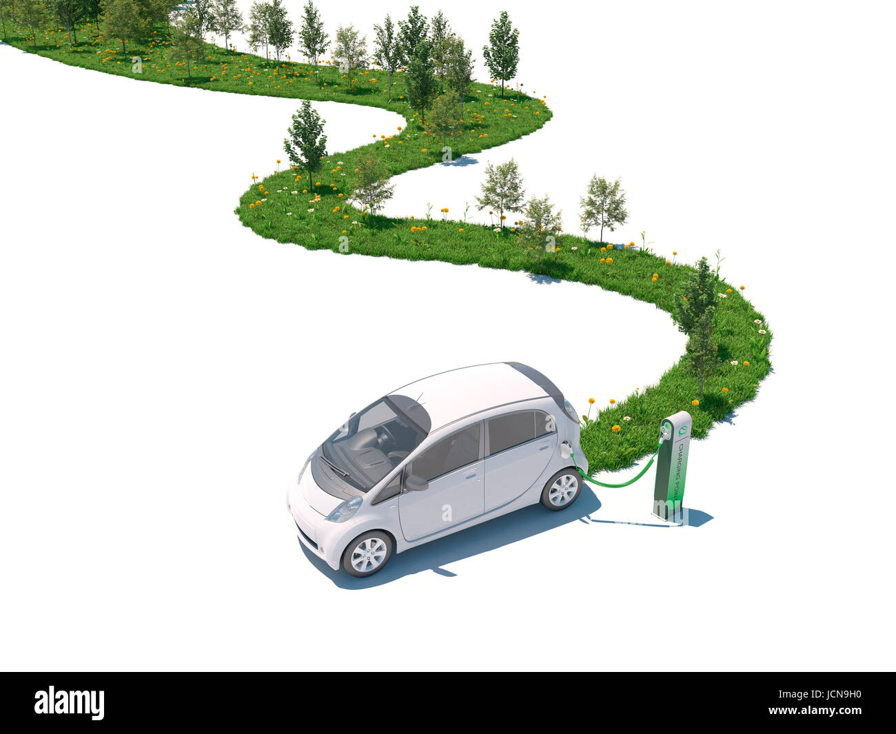 Concept for electric car creating nature on its path white background 3d rendering Stock Photo