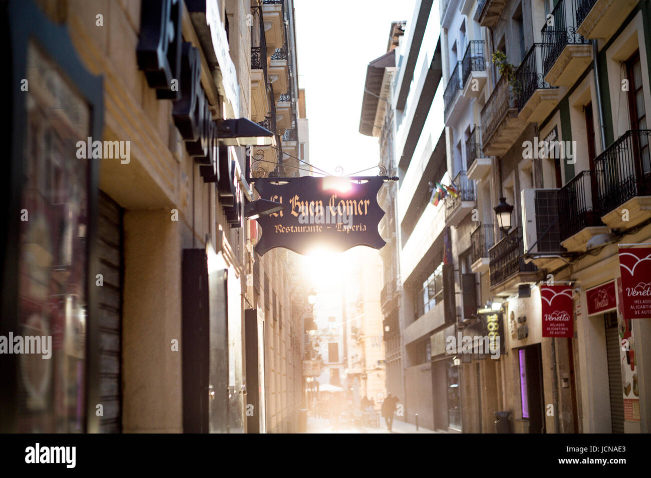 Sun behind sign in Alicante in Spain Stock Photo