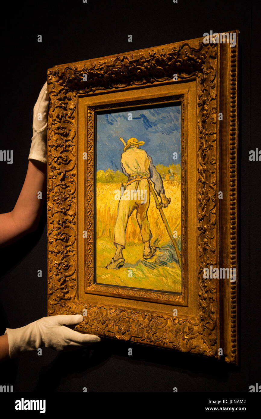 London, UK. 16 June 2017. A Christie's employee handles the painting Le moissonneur (d'apres Millet), 1889, by Vincent van Gogh, est GBP 12.5-16.5m. Auction house Christie's presents a preview of the Impressionist and Modern Art evening sale on 27 June 2017. The sale is part of 20th Century at Christie's and is led by a group of masterpiece paintings by Max Beckmann, Claude Monet, Pablo Picasso, Egon Schiele and Vincent van Gogh. Stock Photo