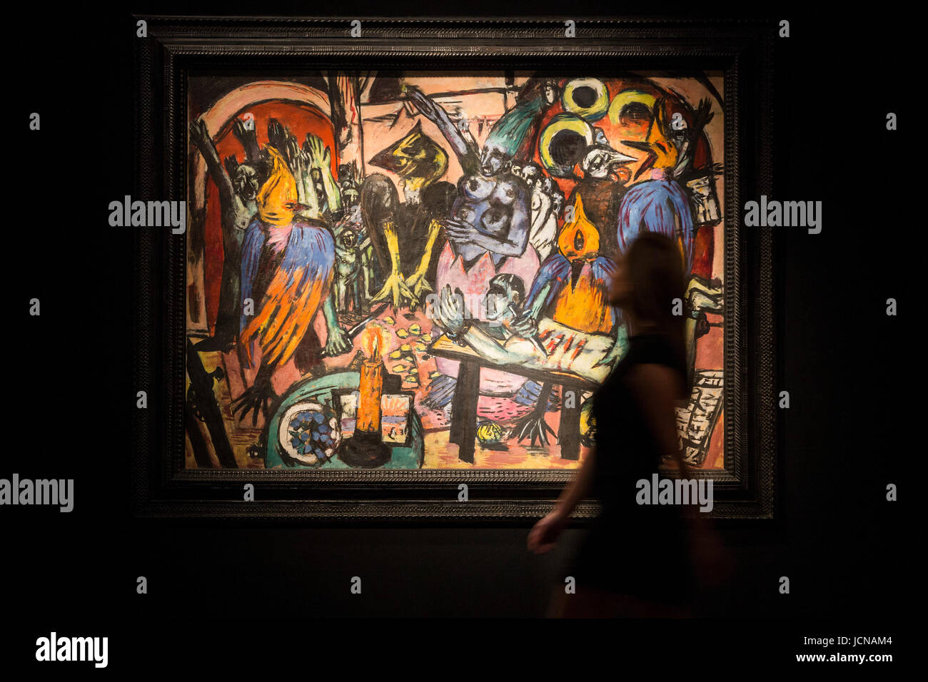 London, UK. 16 June 2017. A Christie's employee poses with the painting Birds' Hell (Hoelle der Voegel), 1938 by Max Beckmann, est on request. Auction house Christie's presents a preview of the Impressionist and Modern Art evening sale on 27 June 2017. The sale is part of 20th Century at Christie's and is led by a group of masterpiece paintings by Max Beckmann, Claude Monet, Pablo Picasso, Egon Schiele and Vincent van Gogh. Stock Photo
