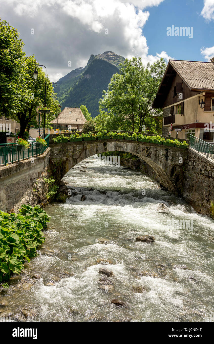 River La Dranse in Morzine village. haute Savoie. France Stock Photo
