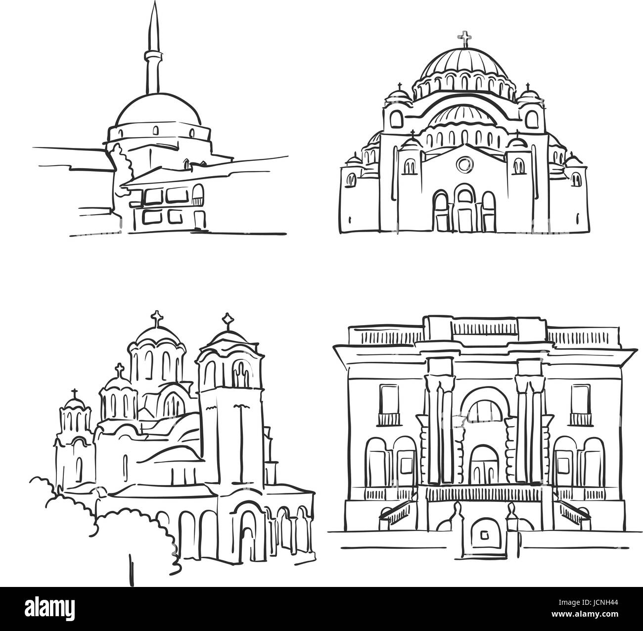 Belgrade, Serbia, Famous Buildings, Monochrome Outlined Travel Landmarks, Scalable Vector Illustration Stock Vector