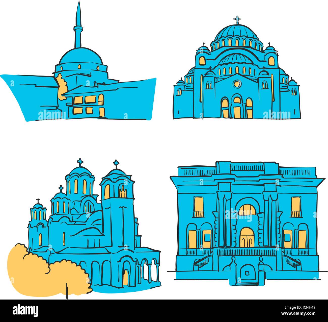 Belgrade, Serbia, Colored Landmarks, Scalable Vector Monuments. Filled with Blue Shape and Yellow Highlights. Stock Vector