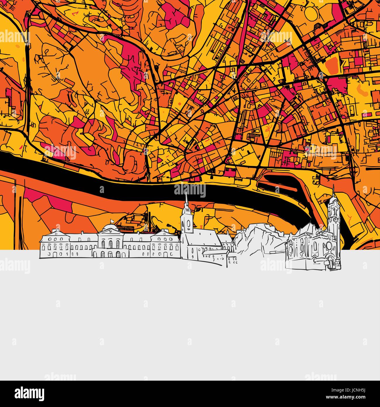 Bratislava Skyline Map, Modern Colourful Art Print with Historic ...