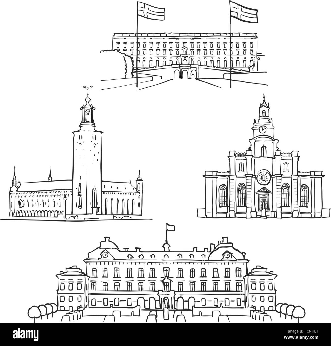 Stockholm Famous Buildings, Monochrome Outlined Travel Landmarks, Scalable Vector Illustration Stock Vector