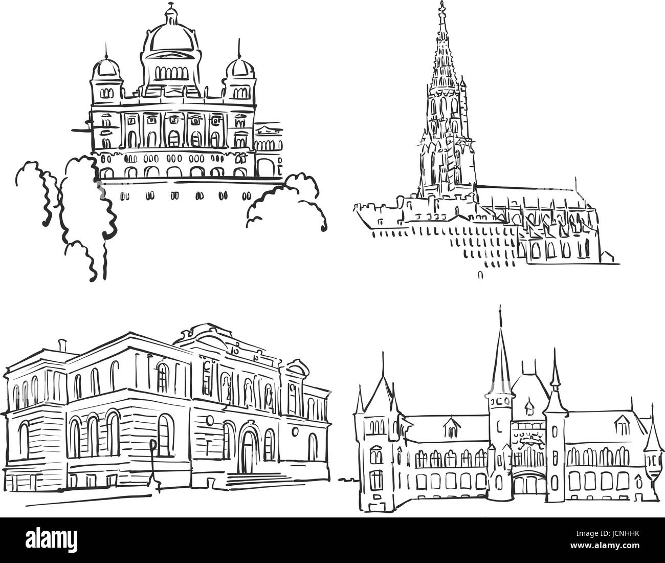 Bern Famous Buildings, Monochrome Outlined Travel Landmarks, Scalable Vector Illustration Stock Vector