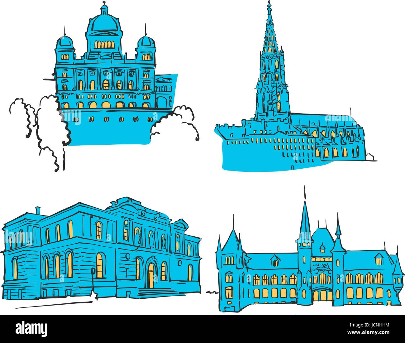 Bern Colored Landmarks, Scalable Vector Monuments. Filled with Blue Shape and Yellow Highlights. Stock Vector