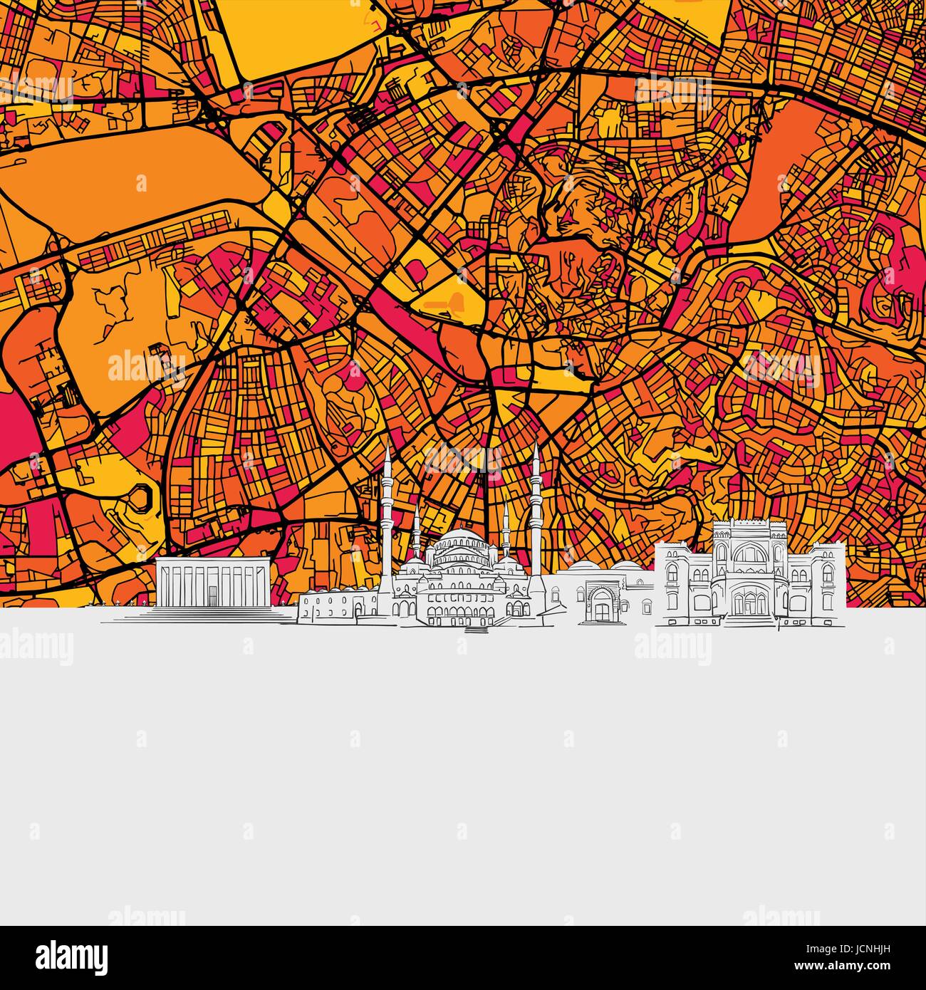 Ankara Skyline Map, Modern Colourful Art Print with Historic Cityscape Landmarks Stock Vector