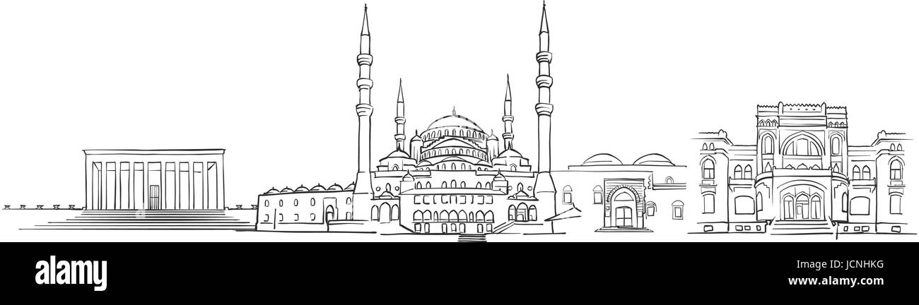 Ankara, Turkey, Panorama Sketch, Monochrome Urban Cityscape Vector Artprint Stock Vector