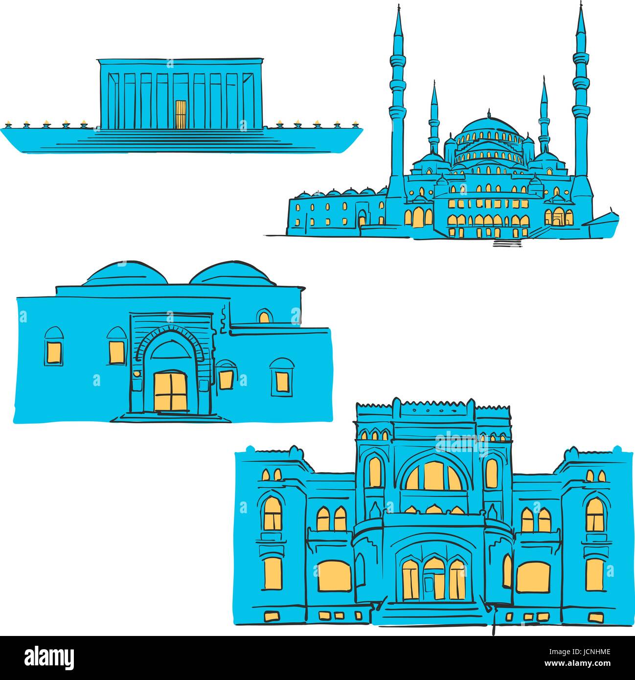 Ankara, Turkey, Colored Landmarks, Scalable Vector Monuments. Filled with Blue Shape and Yellow Highlights. Stock Vector