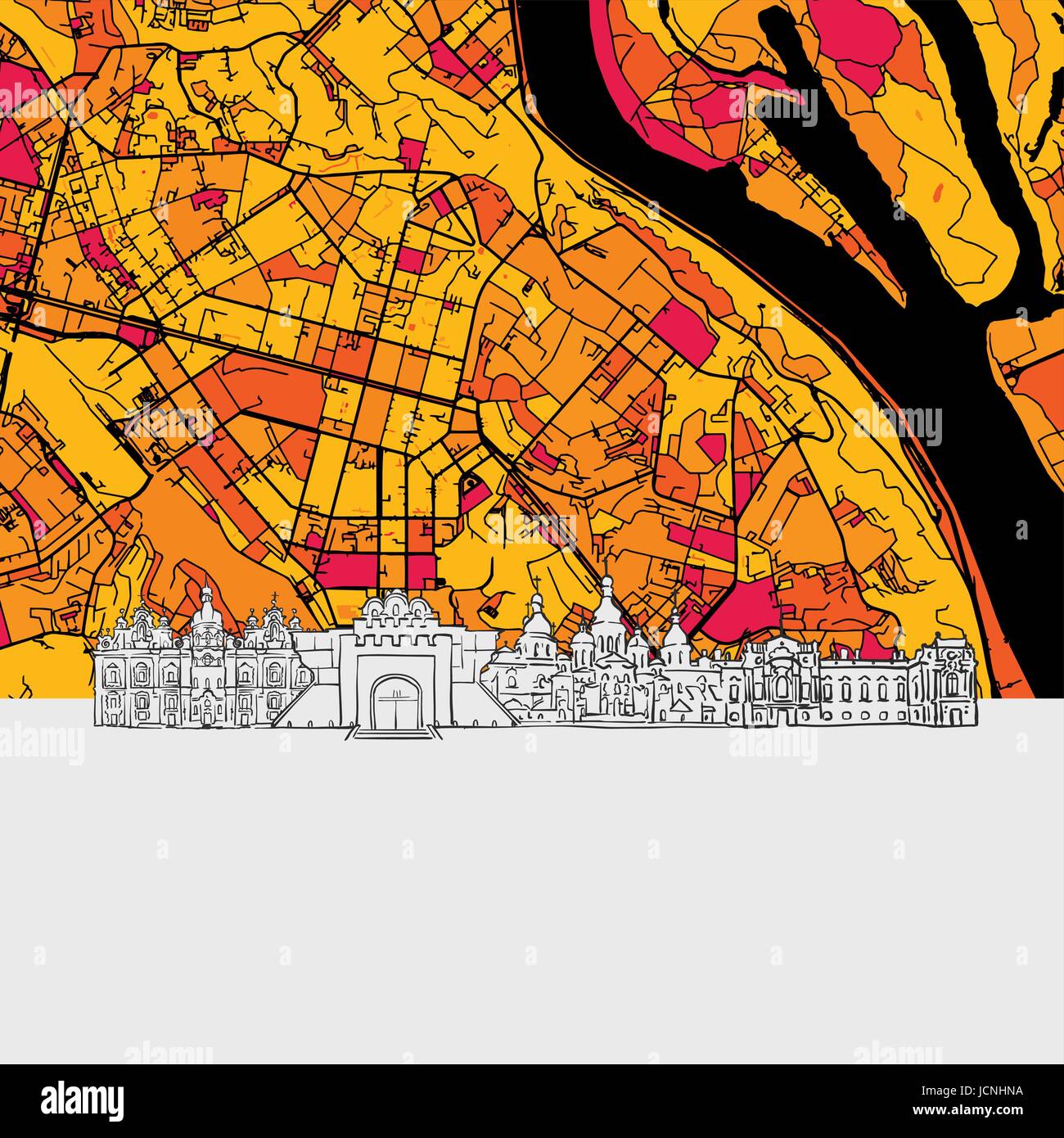Kyiv Skyline Map, Modern Colourful Art Print with Historic Cityscape Landmarks Stock Vector