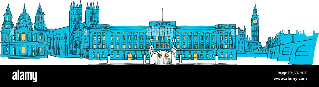 London Colored Panorama, Filled with Blue Shape and Yellow Highlights. Scalable Urban Cityscape Vector Illustration Stock Vector