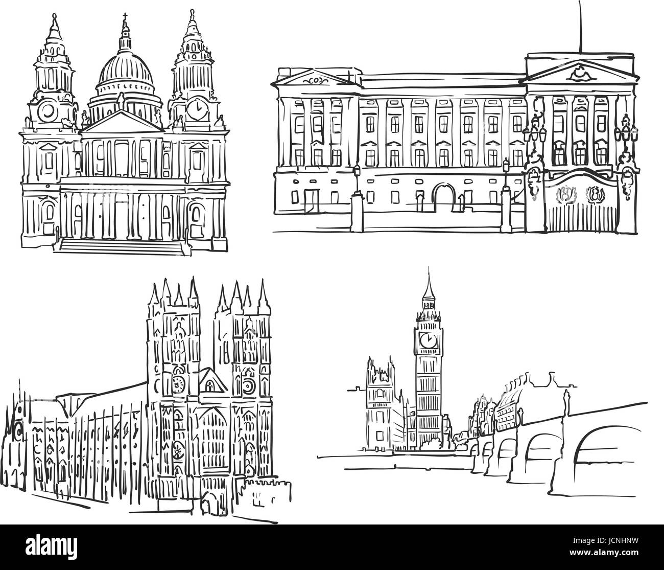 London Famous Buildings, Monochrome Outlined Travel Landmarks, Scalable Vector Illustration Stock Vector