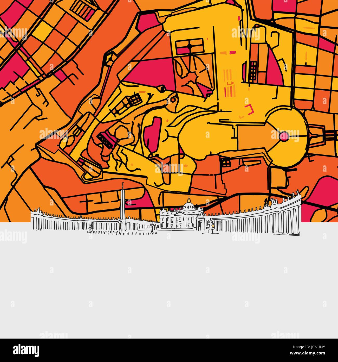 Vatican City Skyline Map, Modern Colourful Art Print with Historic Cityscape Landmarks Stock Vector