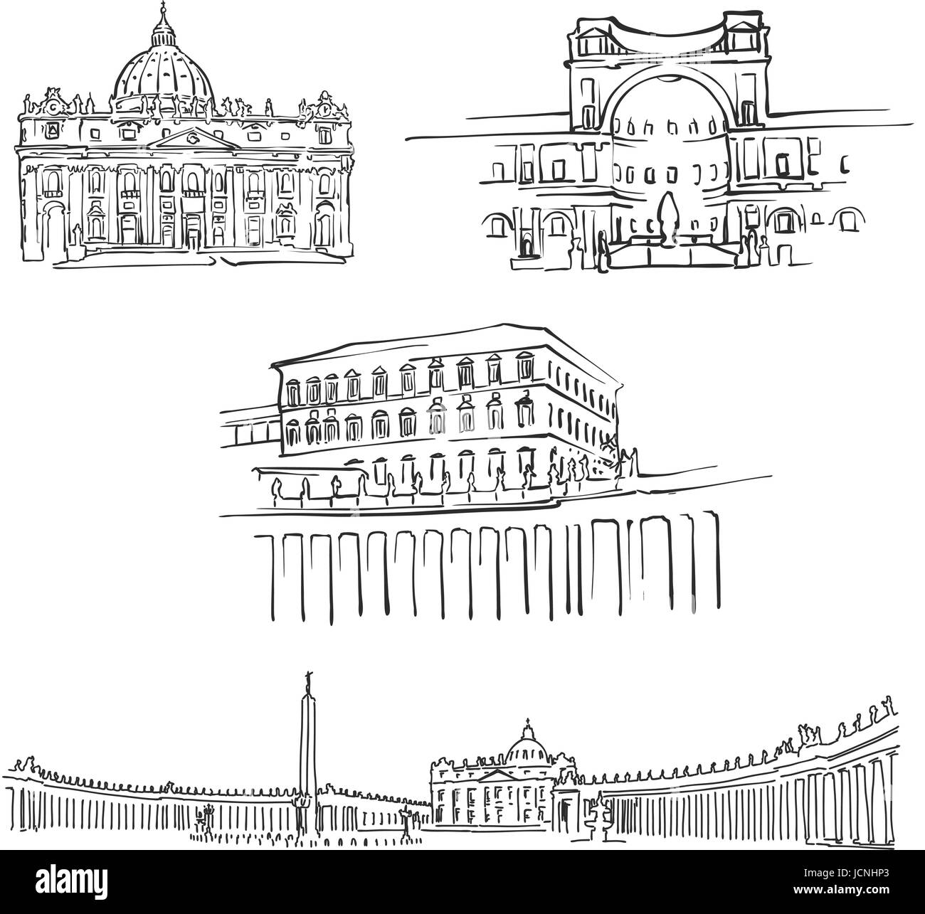 Vatican Famous Buildings, Monochrome Outlined Travel Landmarks, Scalable Vector Illustration Stock Vector