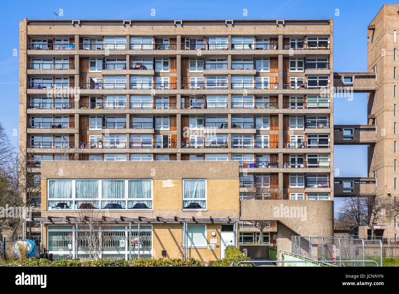 Facade of council housing flats in Brownfield, East London Stock Photo