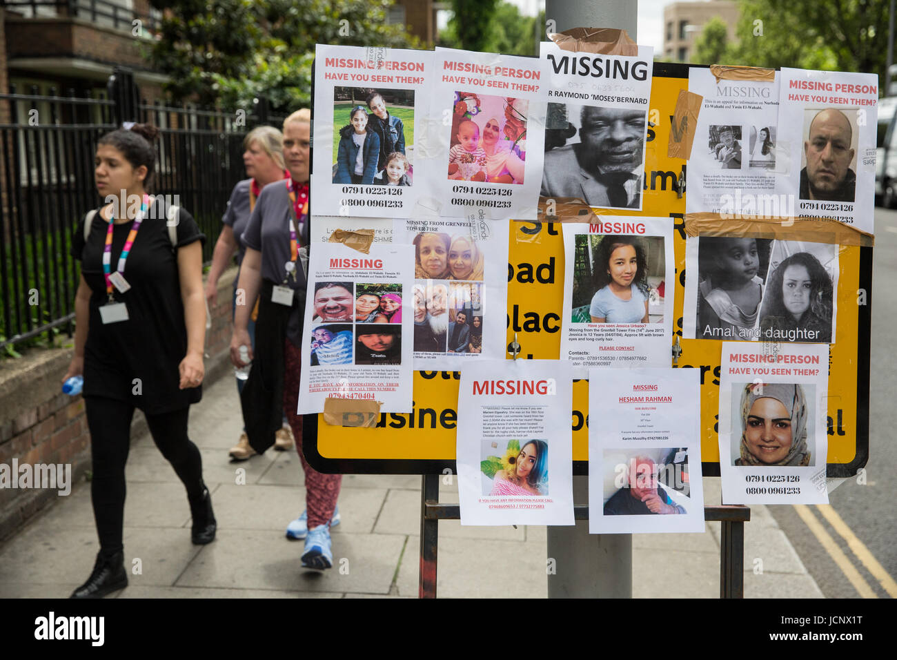 London, UK. 16th June, 2017. Missing person notices posted by family members and friends seeking help in tracing those still missing following the fire in the Grenfell Tower close to Latimer Road underground station. Credit: Mark Kerrison/Alamy Live News Stock Photo