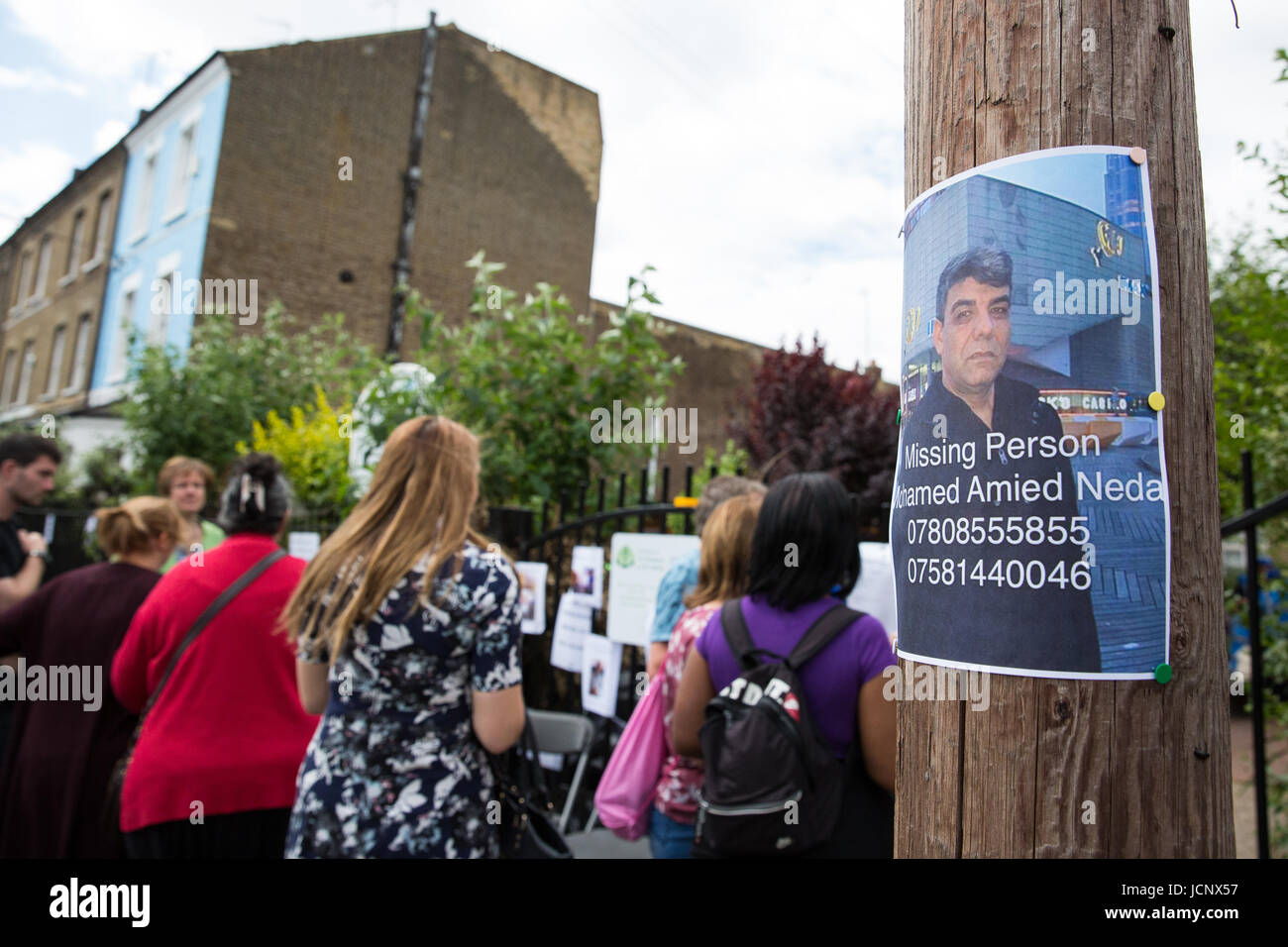 London, UK. 16th June, 2017. A notice seeking information about Mohamed Amied Neda following the fire in the Grenfell Tower posted outside the church of St Clement and St James. Credit: Mark Kerrison/Alamy Live News Stock Photo