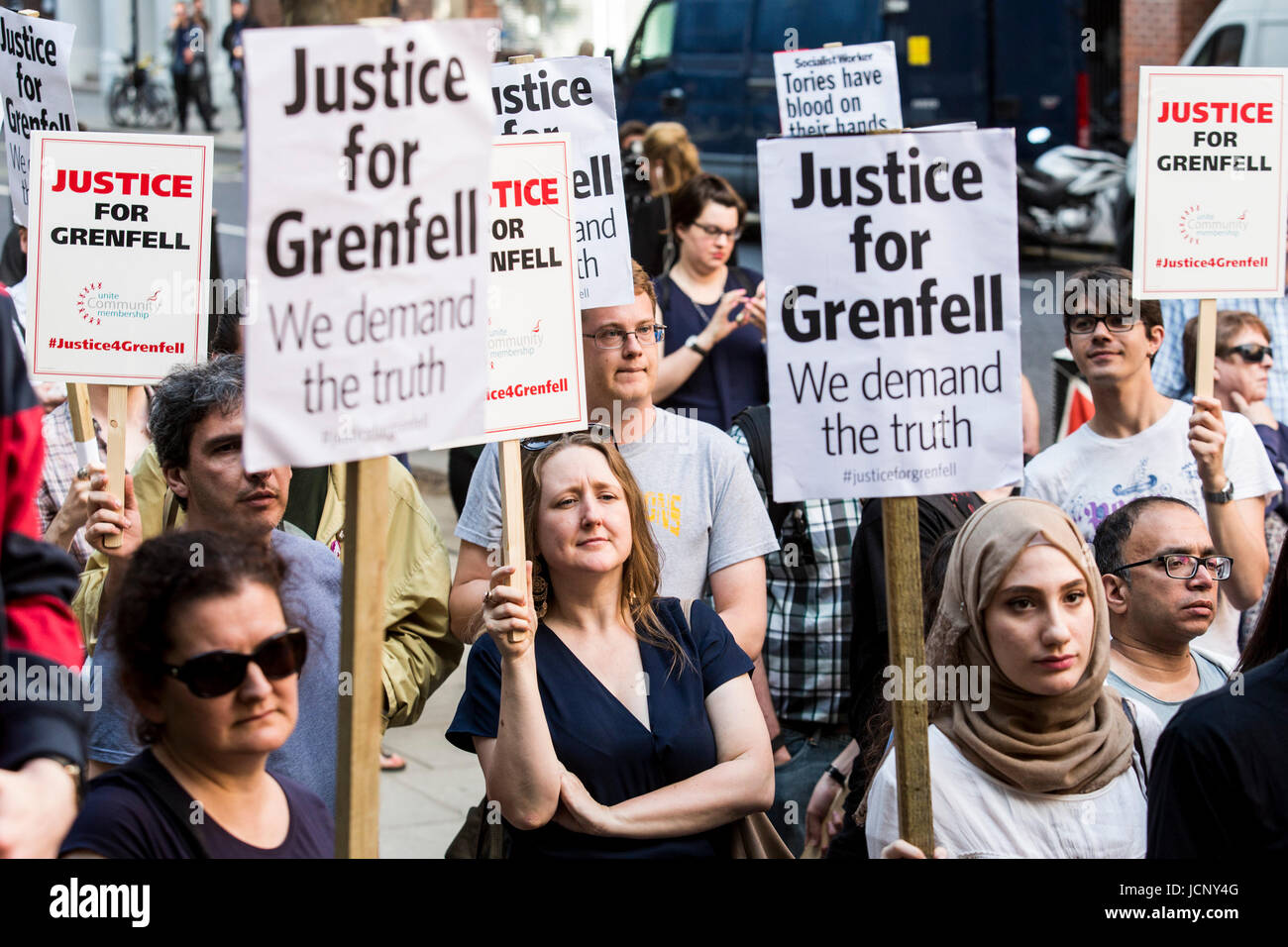London, UK. 16th June, 2017. Justice for Grenfell Protest outside the Home Office. Protesters call for a full investivation into the disaster at Grenfell Tower. Credit: Bettina Strenske/Alamy Live News Stock Photo