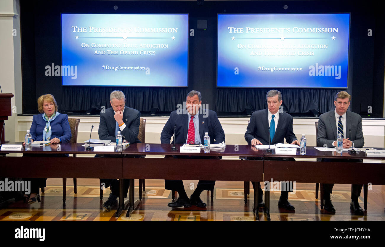 Washington, USA. 16th Jun, 2017. First meeting of the President's Commission on Combating Drug Addiction and the Opioid Crisis in the Eisenhower Executive Office Building in Washington, DC on Friday, June 16, 2017. Dr. Bertha Madras, Ph.D., professor of psychobiology in the Department of Psychiatry at the Harvard Medical School; Governor Charlie Baker (Republican of of Massachusetts); Governor Chris Christie (Republican of New Jersey), Chairman; Governor Roy Cooper (Democrat of North Carolina); and former United States Representative Patrick J. Credit: MediaPunch Inc/Alamy Live News Stock Photo