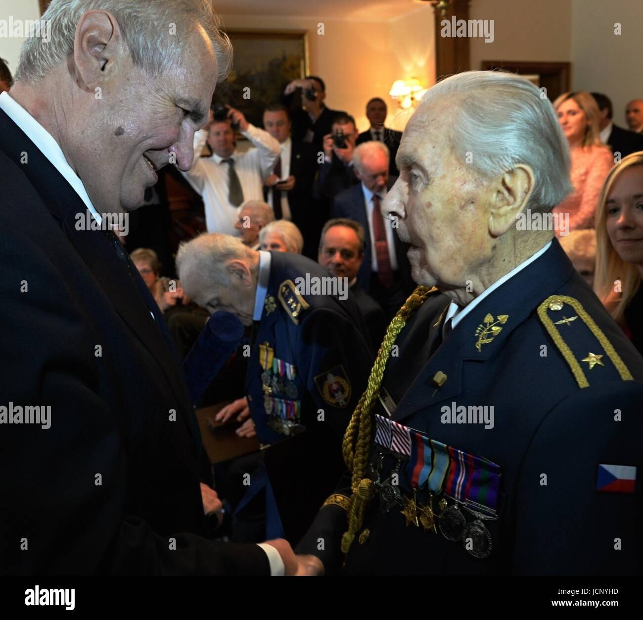 London, UK. 16th June, 2017. President Milos Zeman (left) gave medals to several Czech and Slovak veterans who served in the RAF during World War Two at the Czech embassy in London today. He also gave a diploma on the promotion to the rank of general to Miroslav Liskutin (right), 97. Credit: Jakub Dospiva/CTK Photo/Alamy Live News Stock Photo
