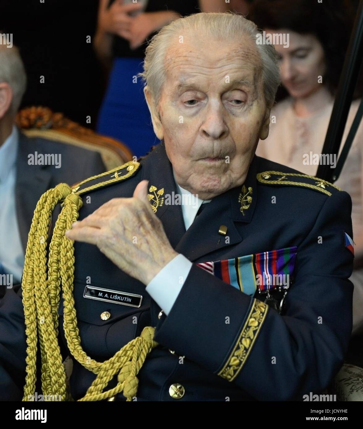 London, UK. 16th June, 2017. President Milos Zeman (not pictured) gave medals to several Czech and Slovak veterans who served in the RAF during World War Two at the Czech embassy in London today. He also gave a diploma on the promotion to the rank of general to Miroslav Liskutin (pictured), 97. Credit: Jakub Dospiva/CTK Photo/Alamy Live News Stock Photo