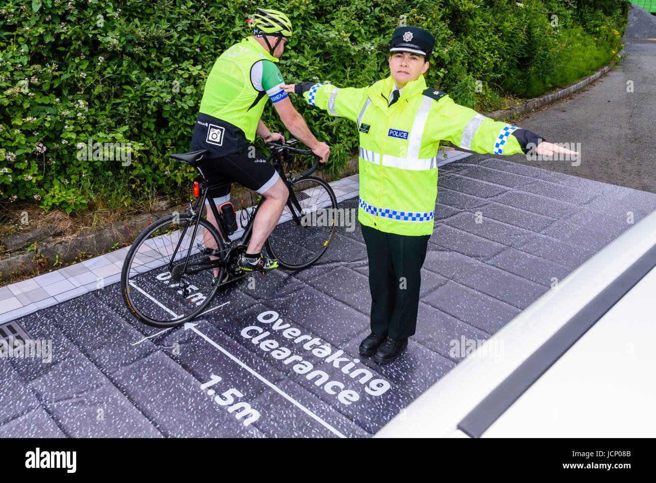 Belfast, Northern Ireland. 16/06/2017 - PSNI and Cycling Ulster launch road safety campaign, telling motorists how to overtake cyclists safely Stock Photo