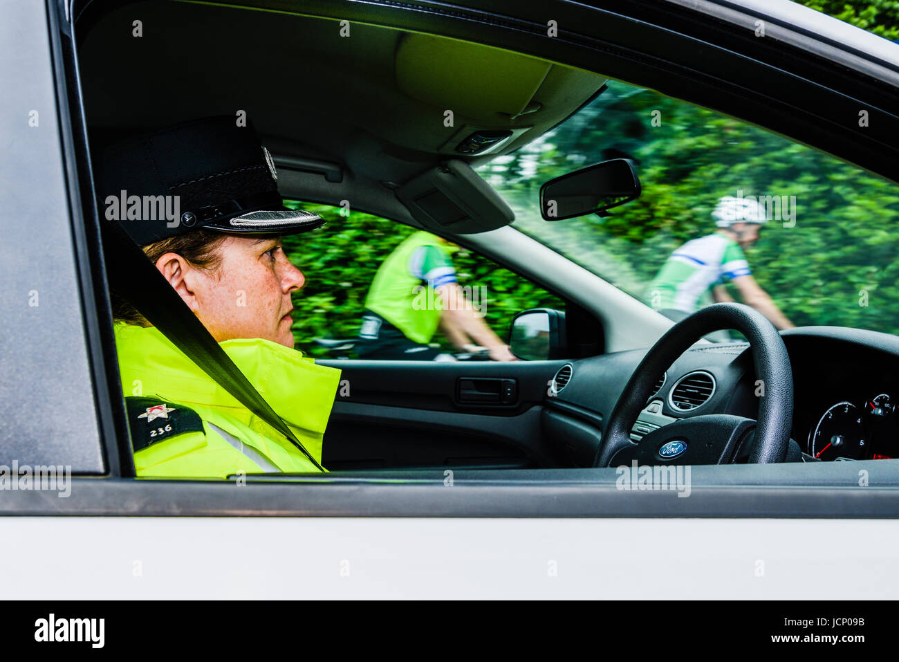 Belfast, Northern Ireland. 16/06/2017 - PSNI and Cycling Ulster launch road safety campaign, telling motorists how to overtake cyclists safely Stock Photo