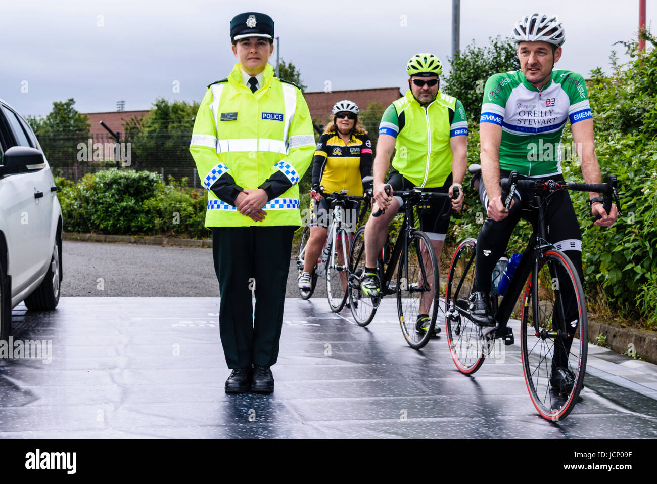 Belfast, Northern Ireland. 16/06/2017 - PSNI and Cycling Ulster launch road safety campaign, telling motorists how to overtake cyclists safely Stock Photo
