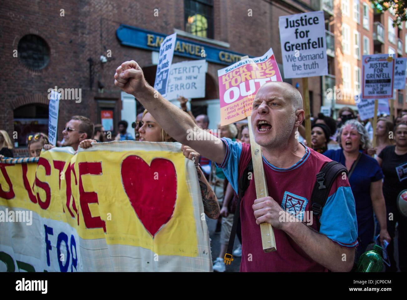 London, UK. 16th June, 2017. Thousands of demonstrators, including friends and family of victims of the Grenfell Tower fire, staged a protest outside the Department of Communities and Local Government before marching to Downing Street to demand justice after the Grenfell Tower fire. David Rowe/ Alamy Live News Stock Photo