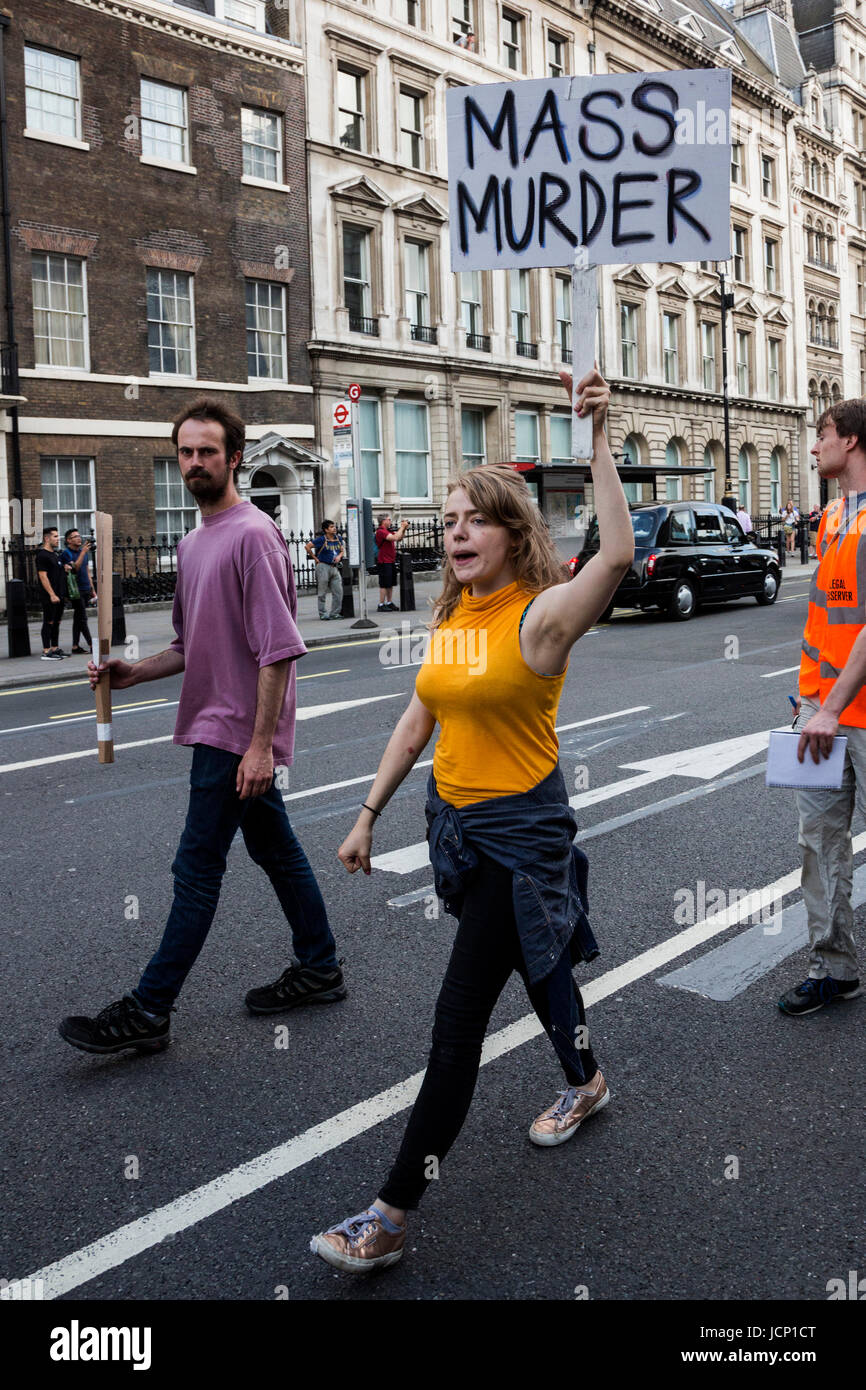 London, UK, 16 June 2017. Justice for Grenfell Protest outside Downing Street. Protesters call for a full investivation into the disaster at Grenfell Tower. Photo: Bettina Strenske/Alamy Live News Stock Photo