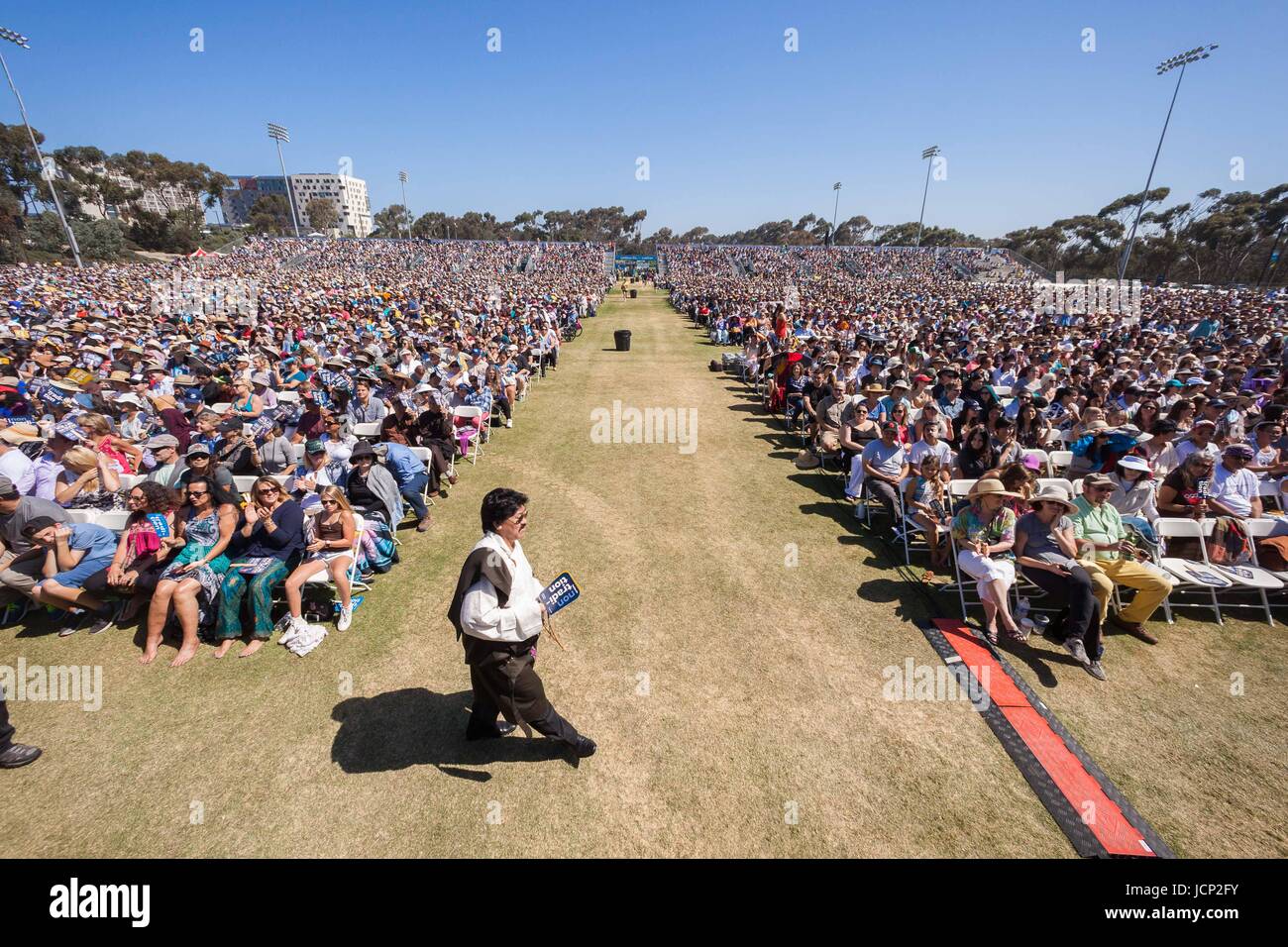 La Jolla, US. 16th June, 2017. His Holiness the 14th Dalai Lama speaks at.UC San Diego UCSD.He describes himself as a simple Buddhist monk. But to the world he is a renowned peace advocate, a beacon of hope for humanity, sharing inspirational messages with international audiences that range from young students to world leaders. Credit: ZUMA Press, Inc./Alamy Live News Stock Photo