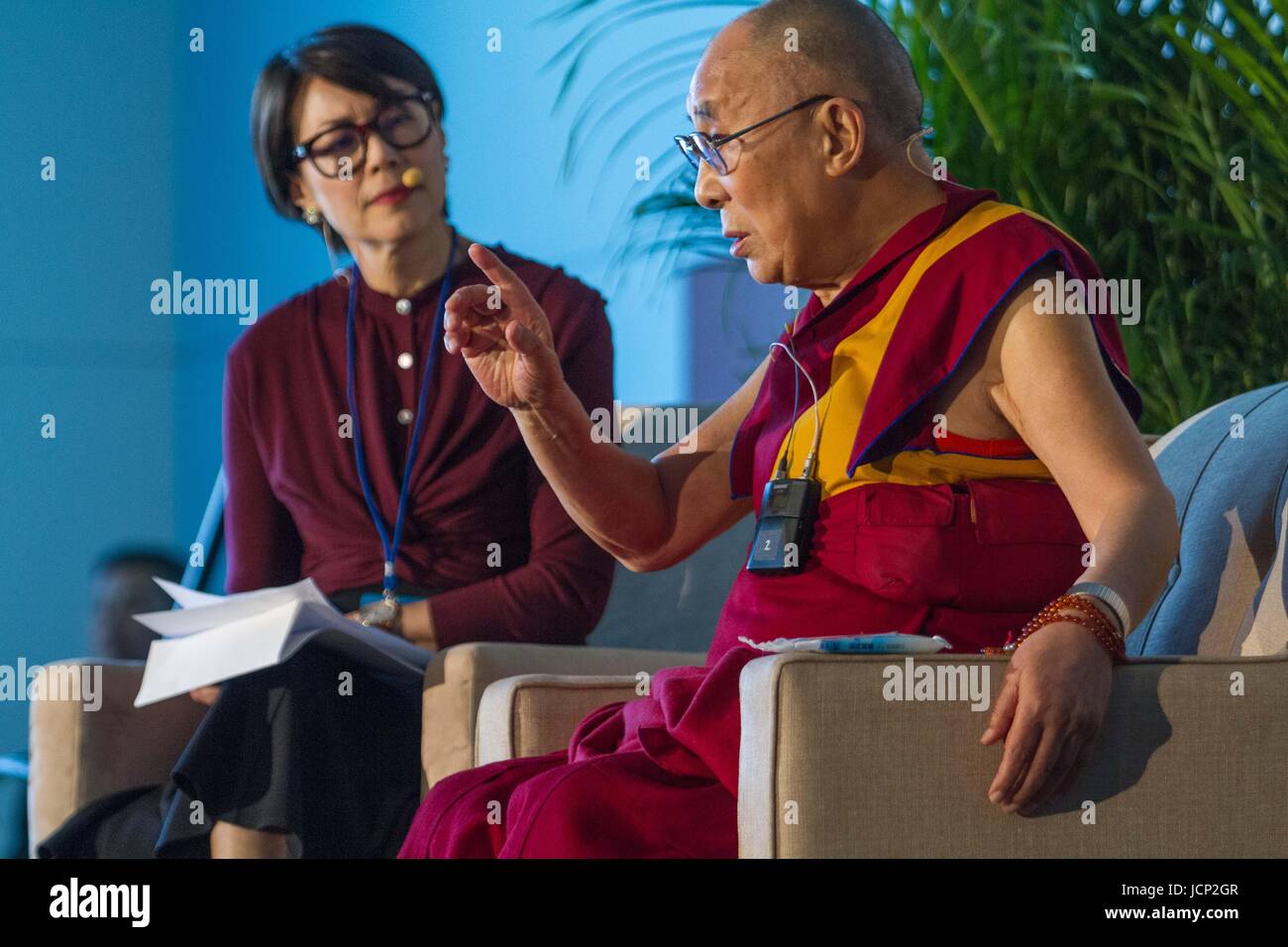 La Jolla, US. 16th June, 2017. His Holiness the 14th Dalai Lama speaks at.UC San Diego UCSD.He describes himself as a simple Buddhist monk. But to the world he is a renowned peace advocate, a beacon of hope for humanity, sharing inspirational messages with international audiences that range from young students to world leaders. Credit: ZUMA Press, Inc./Alamy Live News Stock Photo