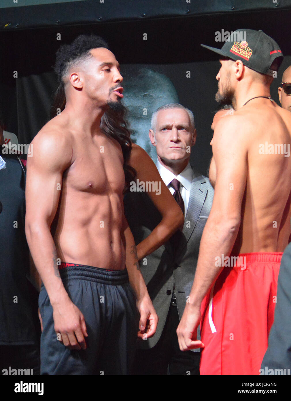 Las Vegas, Nevada, USA. 16th June, 2017. WBA, WBC and IBF Light Heavyweight Boxing World Champion Andre Ward and challenger Sergey Kovalev attend the weigh-in ceremony on June 16, 2017 at Mandaly Bay Events center for their upcoming rematch in Las Vegas, Nevada. Credit: Marcel Thomas/ZUMA Wire/Alamy Live News Stock Photo