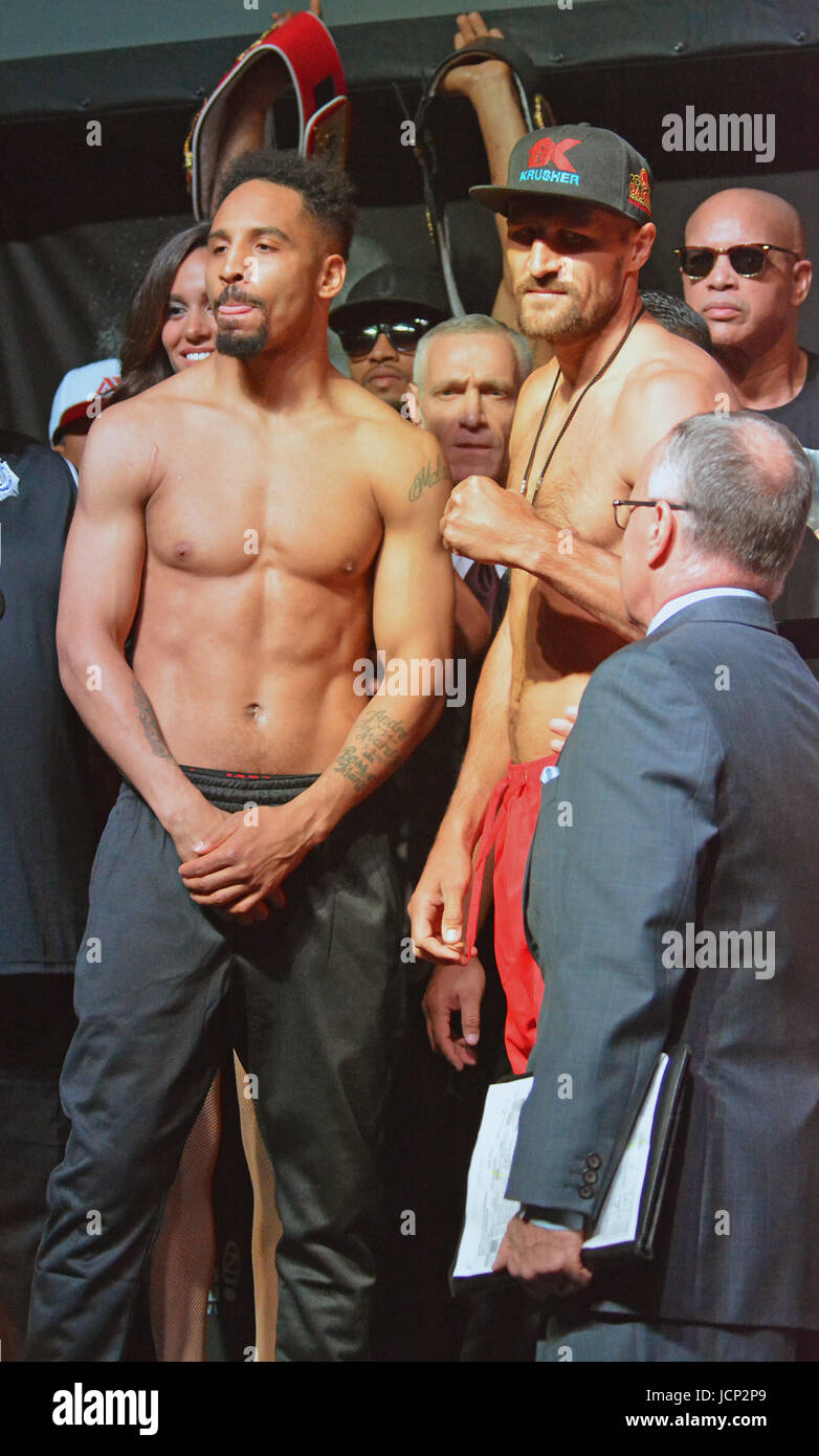Las Vegas, Nevada, USA. 16th June, 2017. WBA, WBC and IBF Light Heavyweight Boxing World Champion Andre Ward and challenger Sergey Kovalev attend the weigh-in ceremony on June 16, 2017 at Mandaly Bay Events center for their upcoming rematch in Las Vegas, Nevada. Credit: Marcel Thomas/ZUMA Wire/Alamy Live News Stock Photo