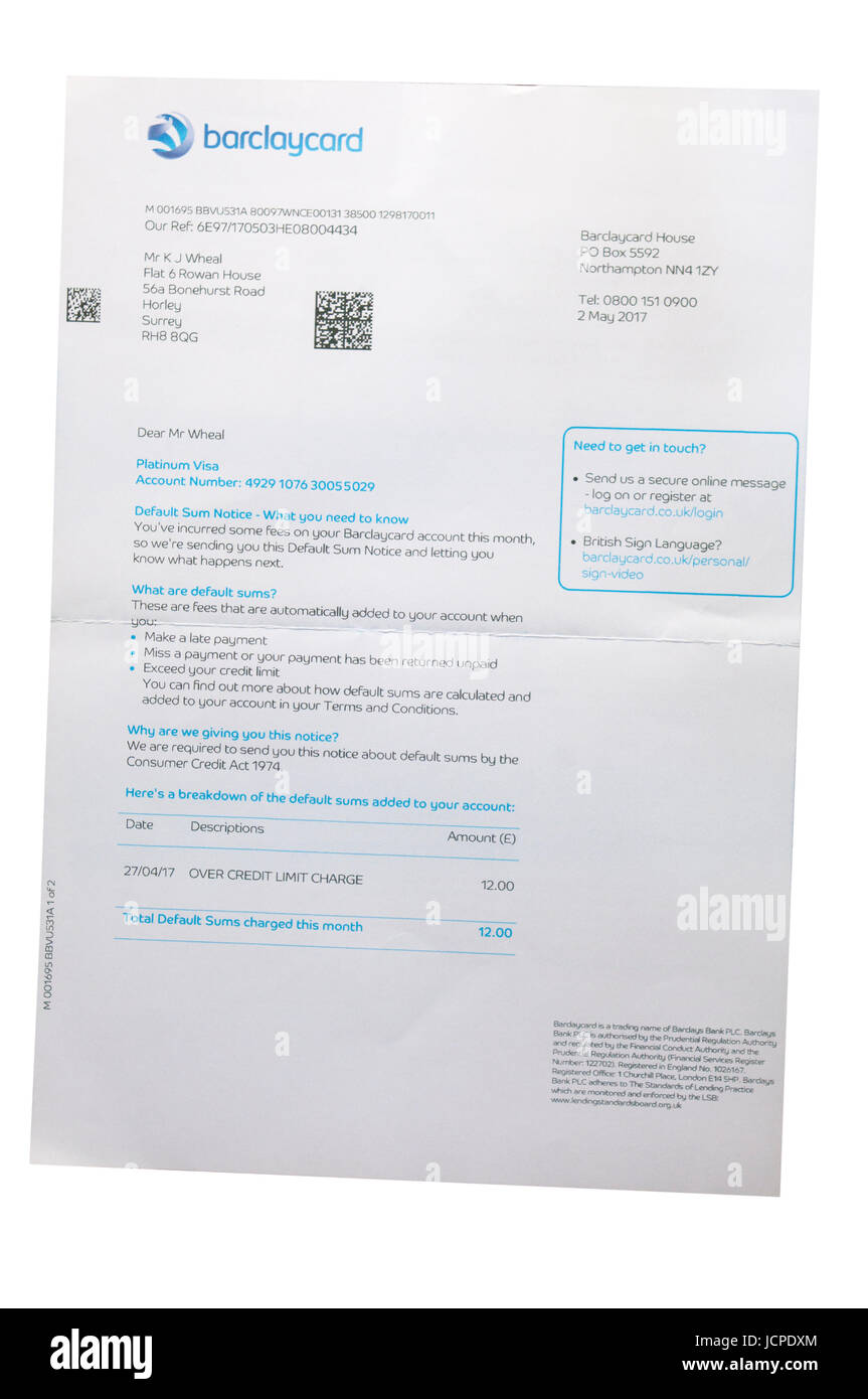Barclaycard Overlimit Card Charge Notification Letter Bank Charges Stock Photo