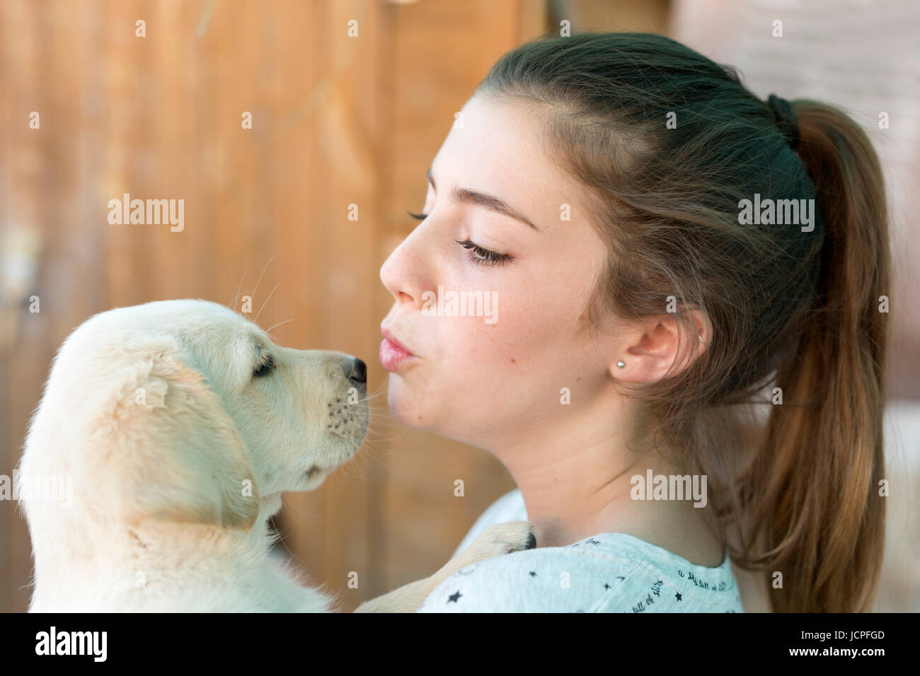 Portrait of a teenage girl with a golden retriever puppy. Stock Photo