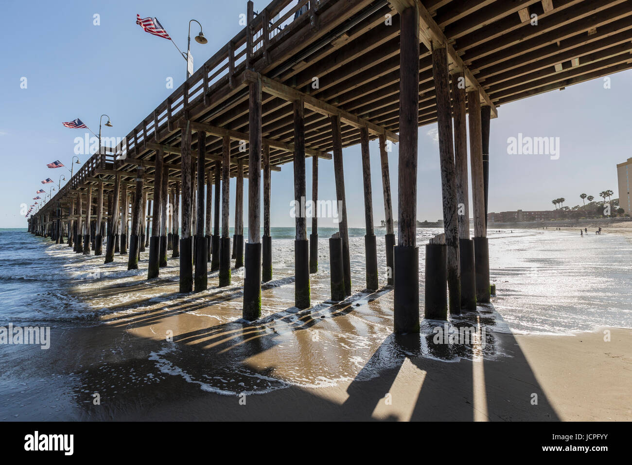 Historic wood pier at Ventura beach in Southern California. Stock Photo