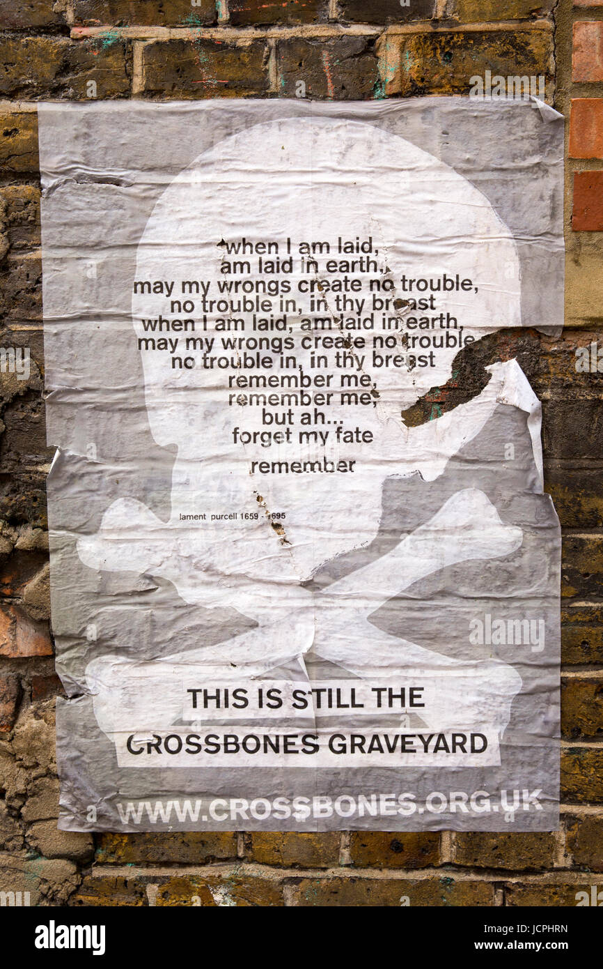 UK, London, Southwark, Redcross Way, Crossbones Garden, poster with C17th Dido’s Lament lyric by Henry Purcell Stock Photo