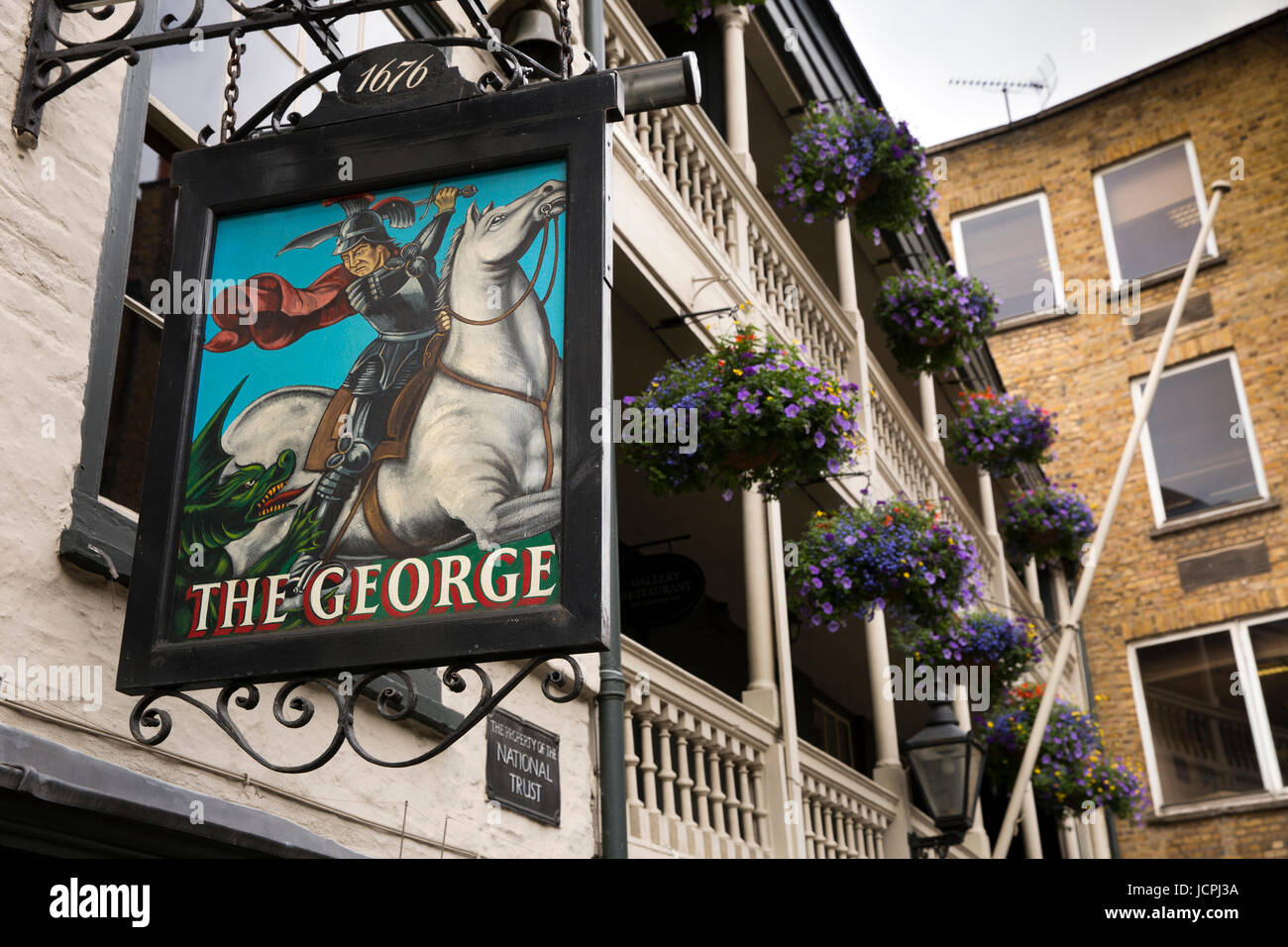 UK, London, Borough High Street, sign of George Inn, one of London’s last Galleried Inns, mentioned in Little Dorritt Stock Photo