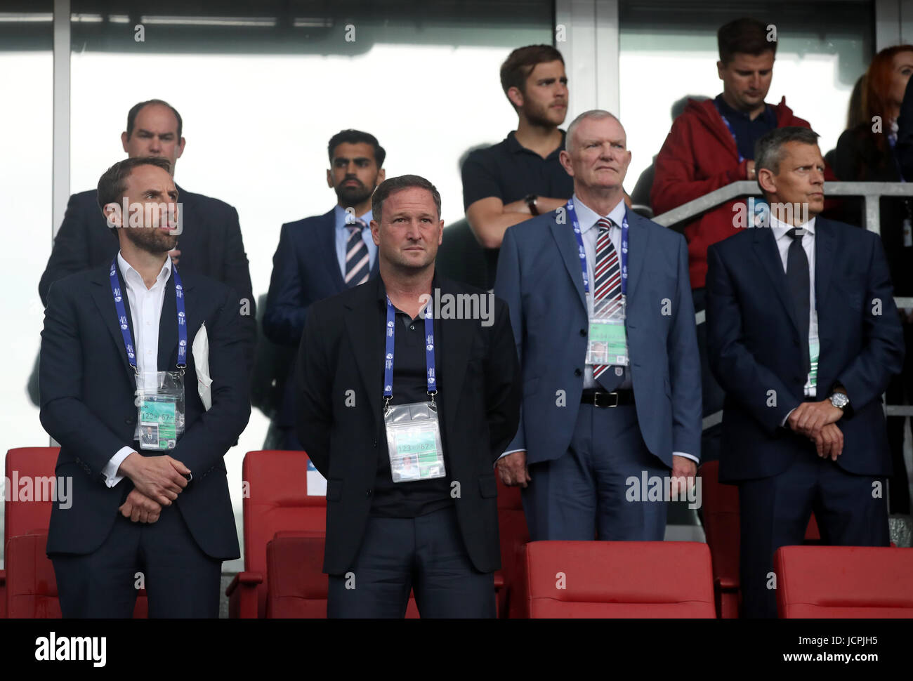 England manager Gareth Southgate (left), assistant manager Steve Holland (centre left), chairman of The Football Association Greg Clarke (centre right) and FA CEO Martin Glenn during the UEFA European Under-21 Championship, Group A match at the Kolporter Arena, Kielce. Stock Photo