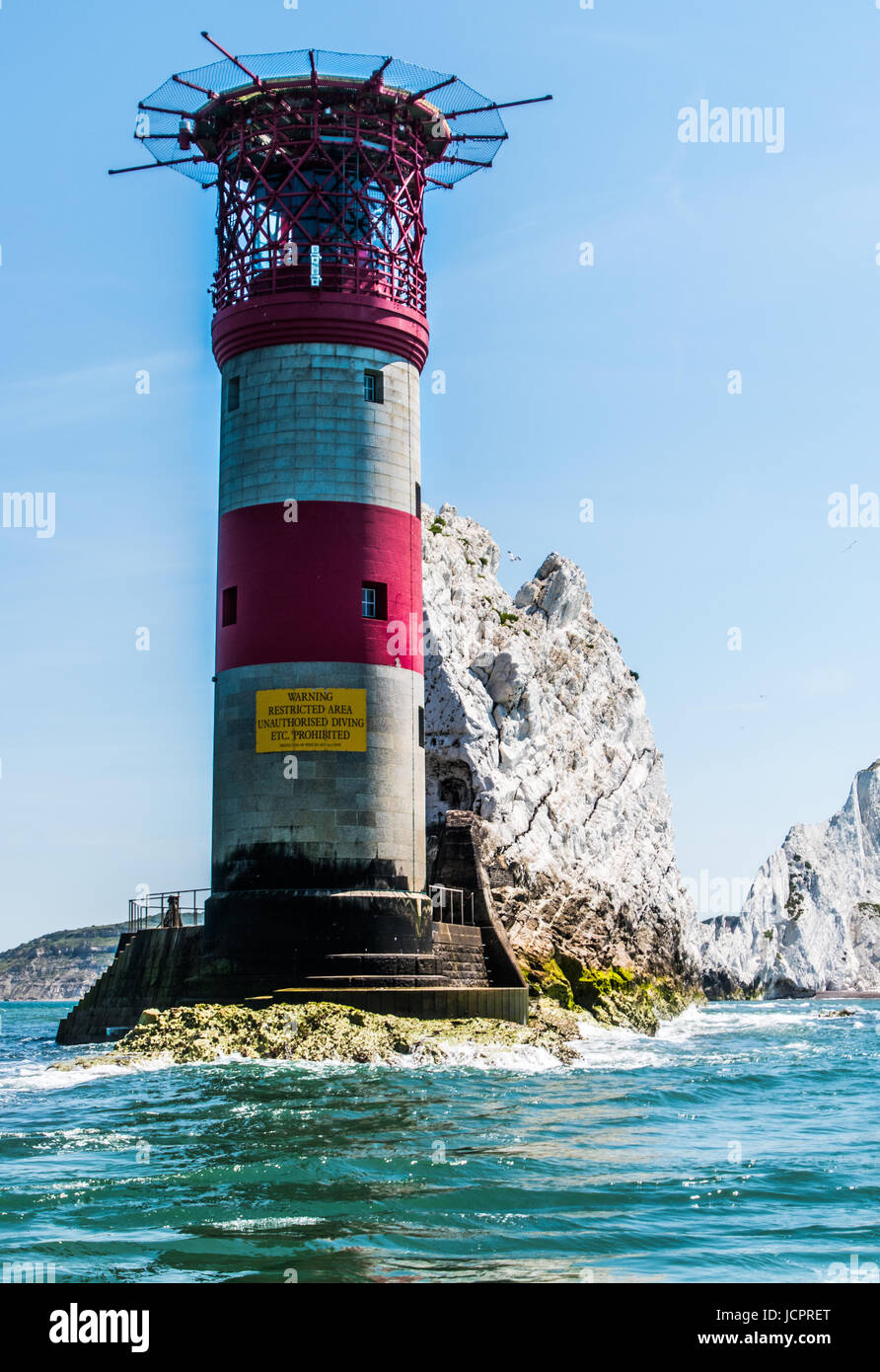 needles lighthouse from the sea alum bay isle of wight  england Stock Photo